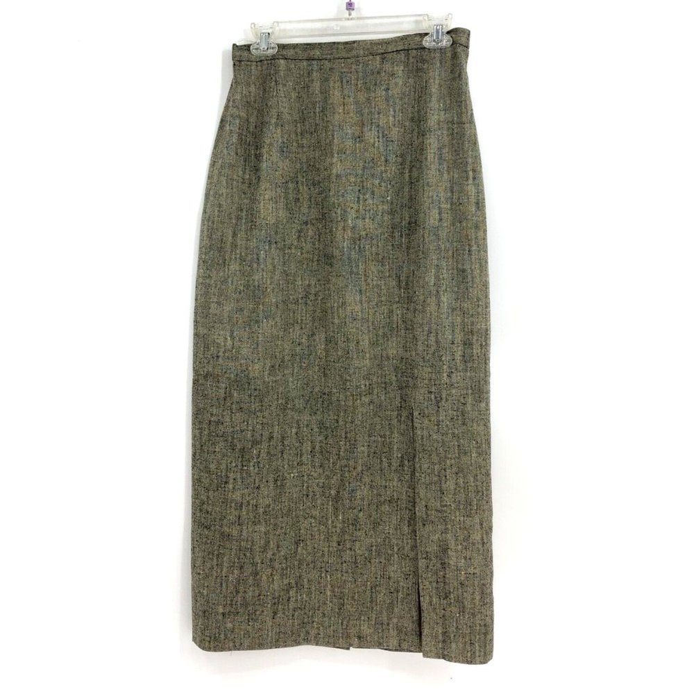 Ann May Silk Brown Tweed Maxi Pencil Skirt Sz 8 Academia Classic Modest Slit